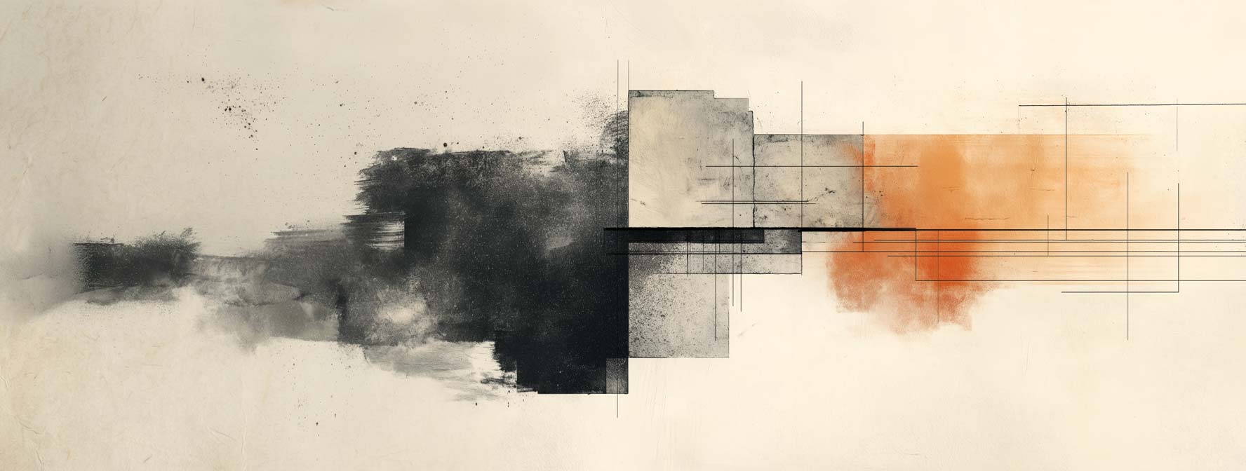 An abstract composition moving from loose dark marks into a more structured geometric layout
